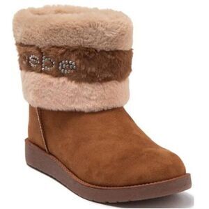 BEBE Women's Faux Fur Trim Boots ‎Rhinestone Stud Logo Winter Brown $99